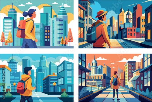 Four scenes of individuals walking in diverse urban settings