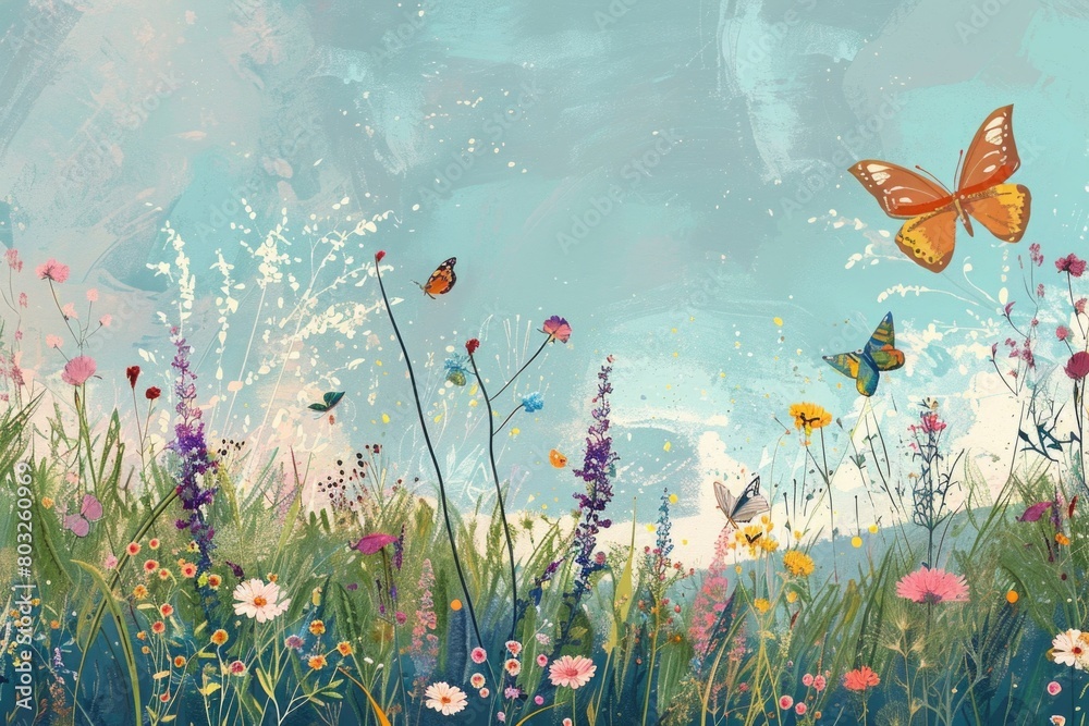 Colorful painting of a field with flowers and butterflies. Ideal for nature-themed designs
