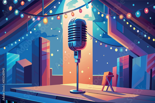 Vintage mic awaits a performer at an outdoor evening venue