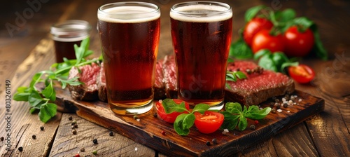 Savoring succulent steak and fresh greens paired with rich dark beer on a rustic wooden platter