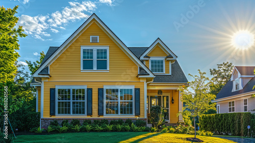 A sunny lemon yellow house with traditional windows and shutters brightens up the suburban landscape, adding a touch of cheer to the neighborhood on a beautiful day. photo