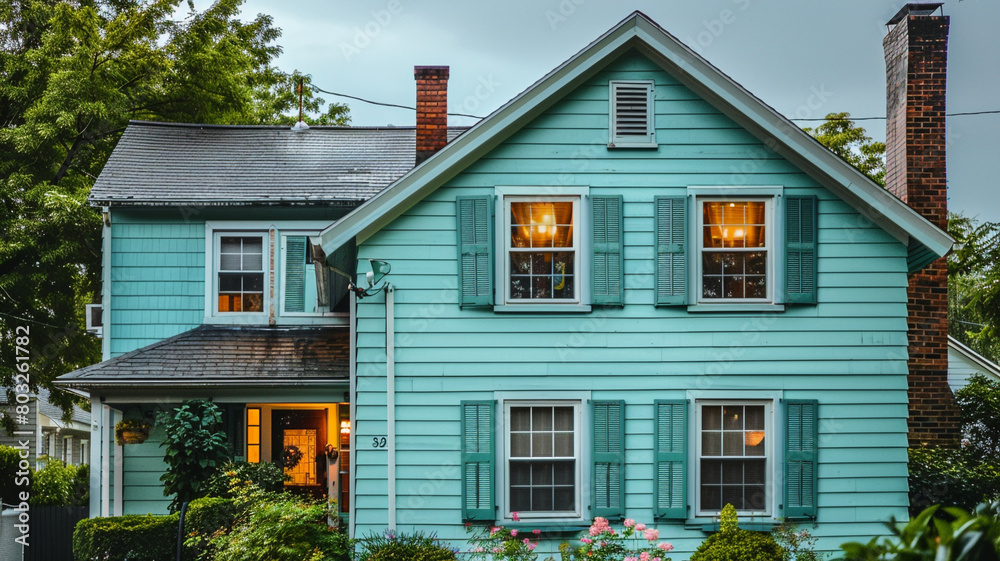 A tranquil aqua blue house adorned with traditional windows and shutters offers a peaceful retreat in the suburban neighborhood, its calming hue reflecting the serene atmosphere of the day.