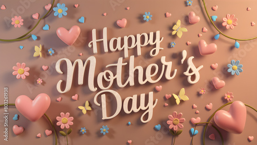 3D render Happy Mother's Day message with flowers and hearts.