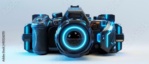Take a photo of a professional camera with a glowing blue lens.