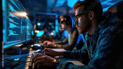 Programmers immersed in coding, surrounded by screens and keyboards, showcasing the intensity and dedication of their work. Copy Space