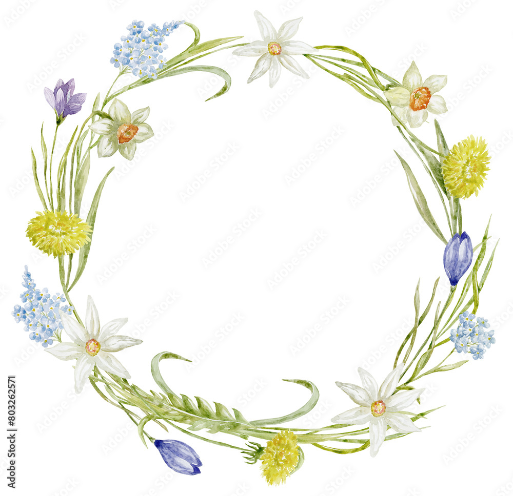 Watercolor Wreath with Spring Flowers.
