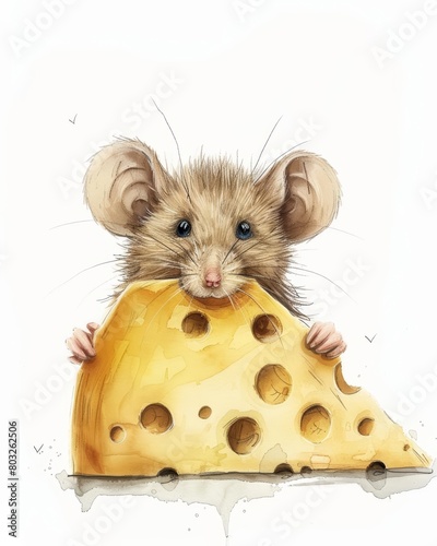 A cute watercolor painting of a mouse holding a big piece of cheese in it's paws. photo