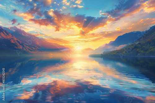 A vibrant sunrise over a tranquil mountain lake  casting a warm glow on the water.