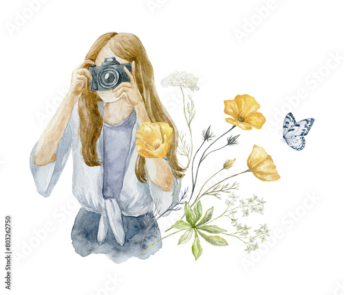 Watercolor Illustration of Young Woman with Flowers.