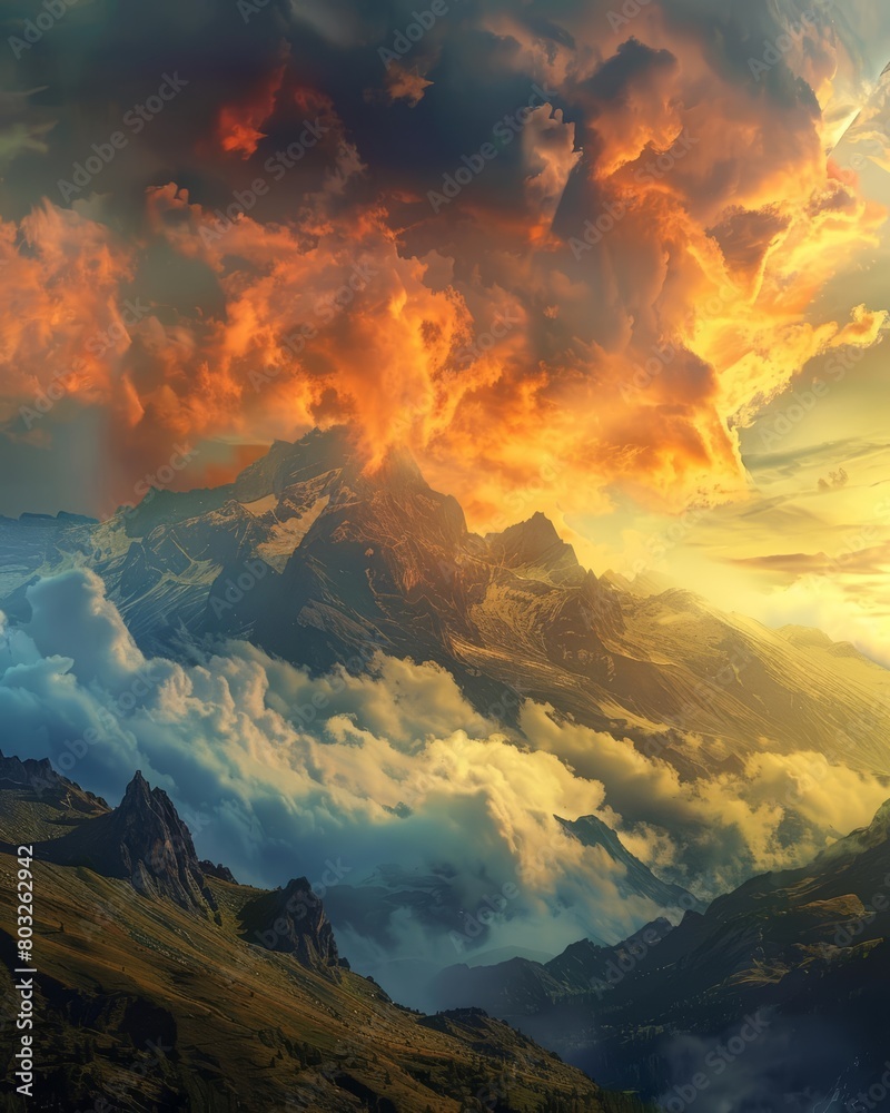 A mountain range is seen in the distance, with a vibrant sunset above