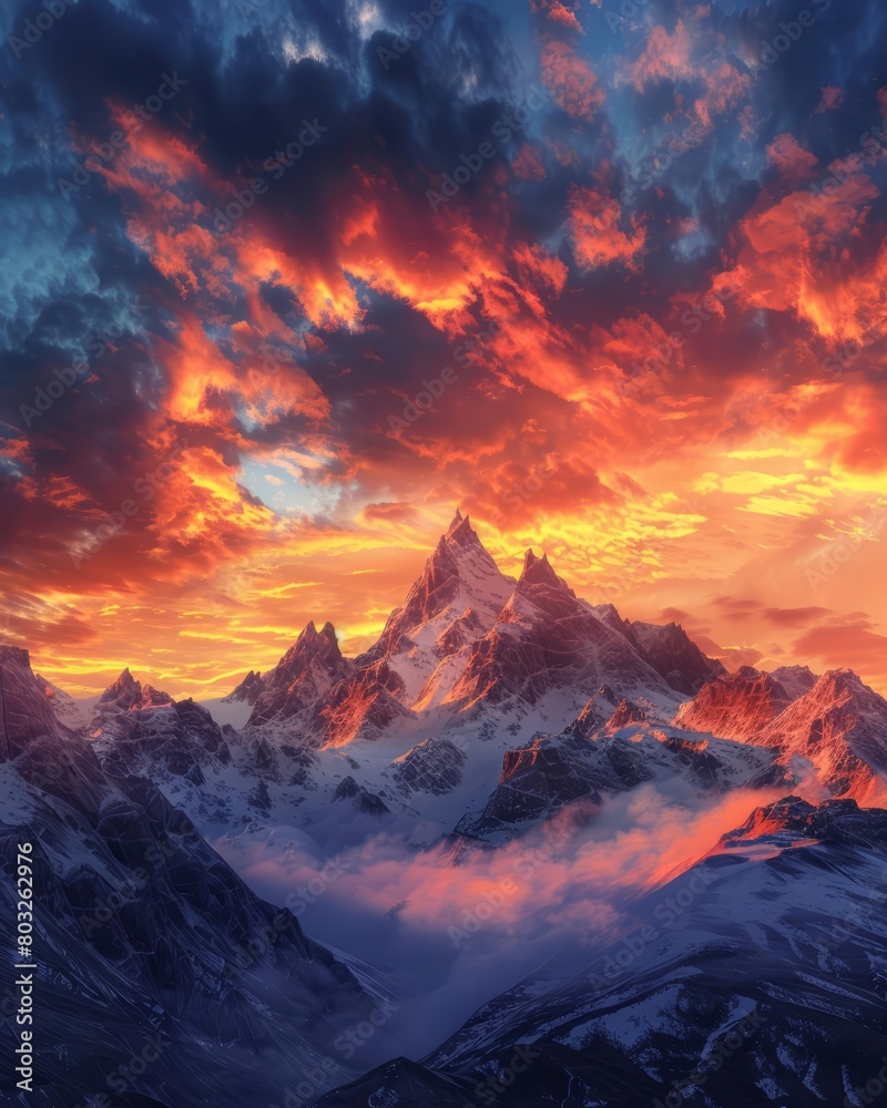 A mountain range at sunset. The sky is ablaze with color, and the mountains are silhouetted against it. The scene is both beautiful and awe-inspiring.