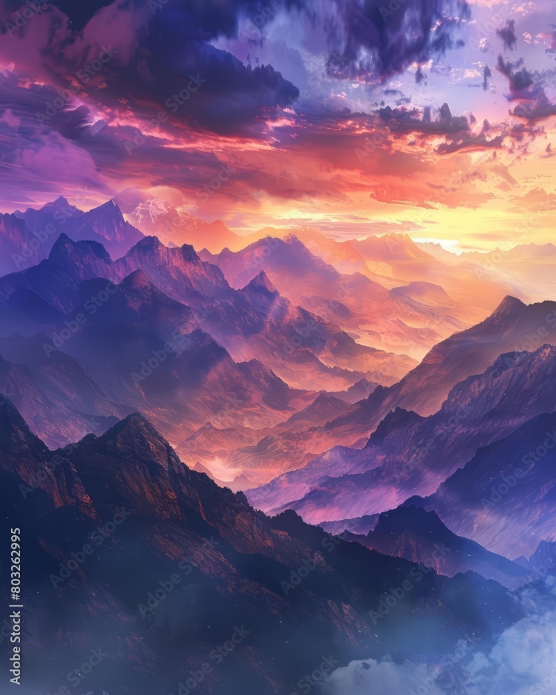 A beautiful landscape of a mountain range at sunset