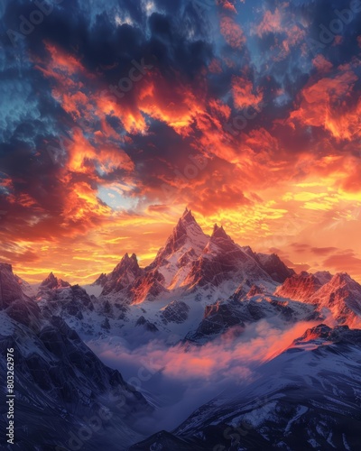 A mountain range at sunset. The sky is ablaze with color, and the mountains are silhouetted against it. The scene is both beautiful and awe-inspiring.