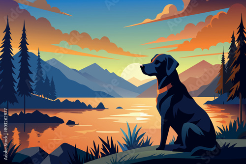 A dog sits peacefully by a lake as the sun sets behind mountains