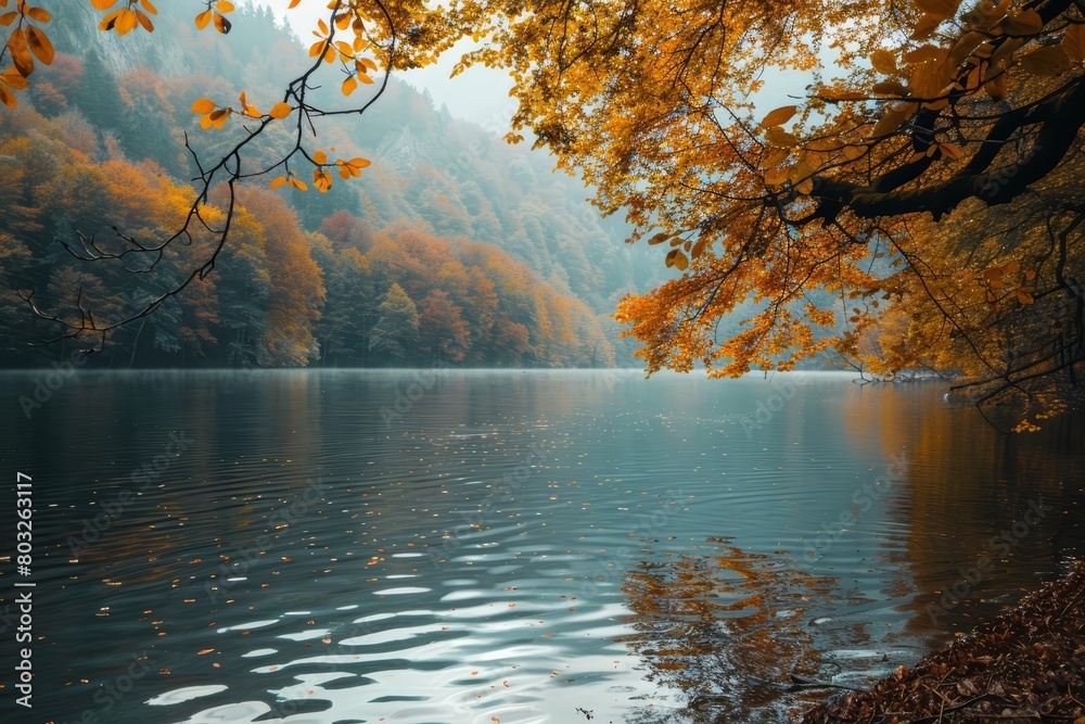 Obraz premium A beautiful autumn landscape with a lake surrounded by colorful trees