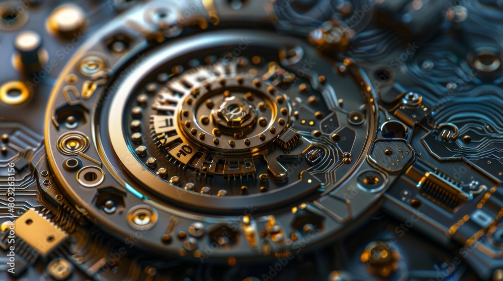 Detailed view of an advanced technology circuit board showcasing intricate design and golden hues