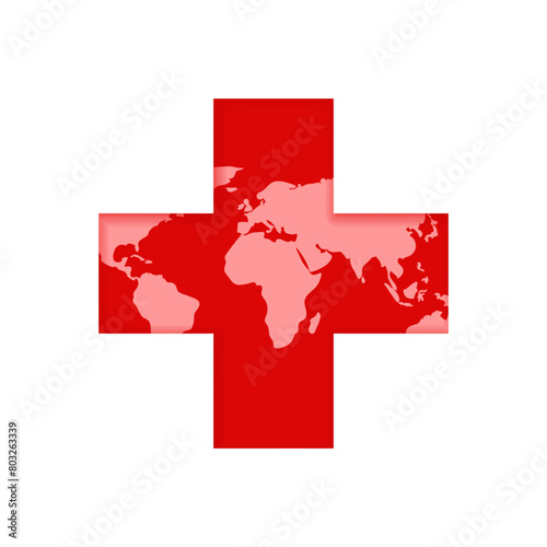 Vector illustration of Red Plus sign with world map on transparent background