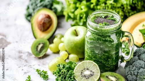 A green smoothie made with spinach, kale, apple, kiwi, and avocado sits on a table surrounded by the ingredients.