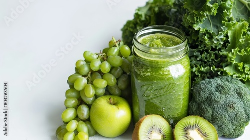 A green smoothie made with kale  spinach  apple  kiwi  and grapes.