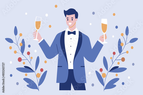 A man in formal attire holding champagne flutes, ready to toast