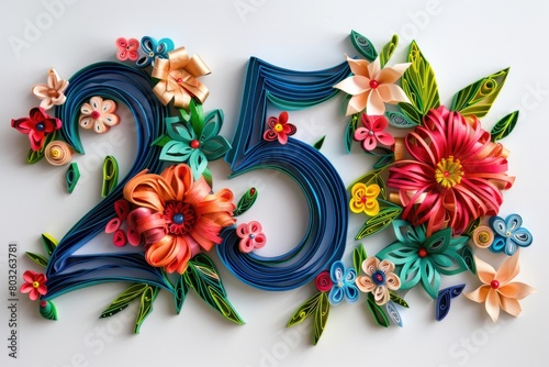 Paper quilled number with intricate floral and leaf designs, ideal for craft projects or educational materials