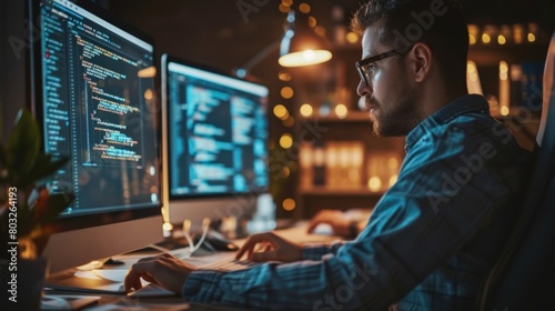 Programmers collaborating remotely, with screens displaying video calls and shared code, highlighting the flexibility of modern work. Copy Space