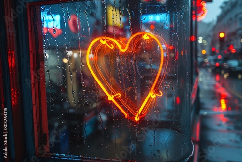 Neon heart sign, flickering in a rainy window, closeup, reflective mood