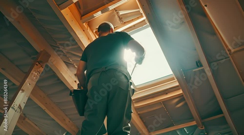 Male builder insulating wooden frame house. Man worker spraying polyurethane foam inside of future cottage, using plural component gun. Construction and insulation concept. photo
