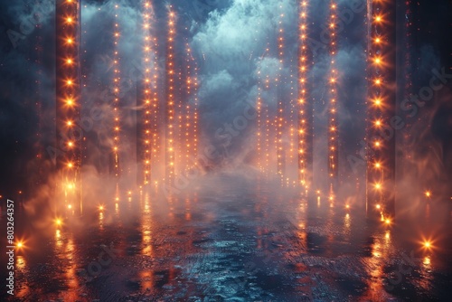 Striking image of fiery lights and billowing smoke reflecting on a water surface creating a mystical scene