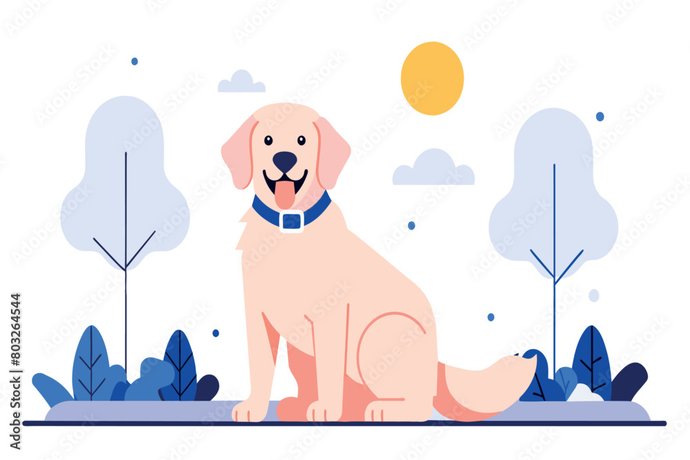 Obraz premium A cheerful golden labrador sits among cartoon trees under the sun