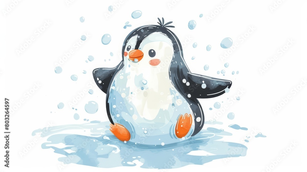 Obraz premium A happy penguin is playing in the snow. He is having a great time and is very excited. The penguin is wearing a blue hat and scarf. He is also wearing a big smile on his face.