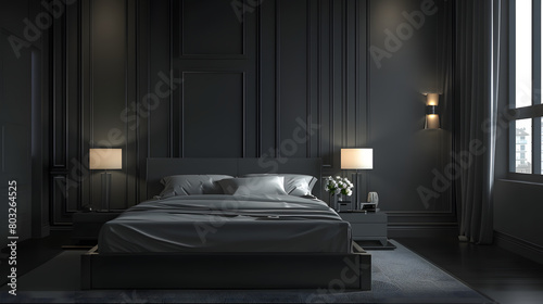 Dark bedroom interior with a bed lamps and window AI generate image.