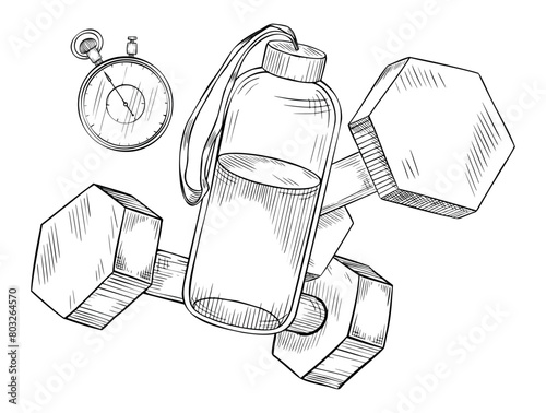 Composition of dumbbells with stopwatch and water bottle. Vector illustration of Women Fitness exercise equipment. Sports training accessories for icon or logo in linear style painted by black inks.