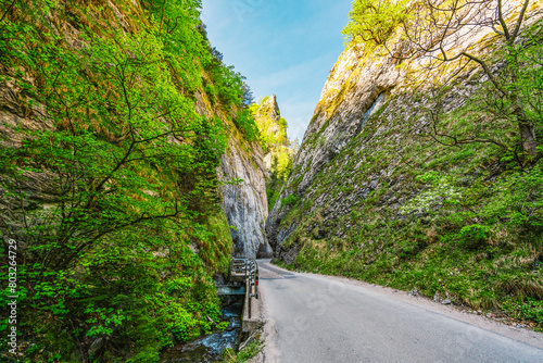 Curvy road between rocks of Maninska tiesnava gorge in Strazov mountains mountains, Slovakia photo