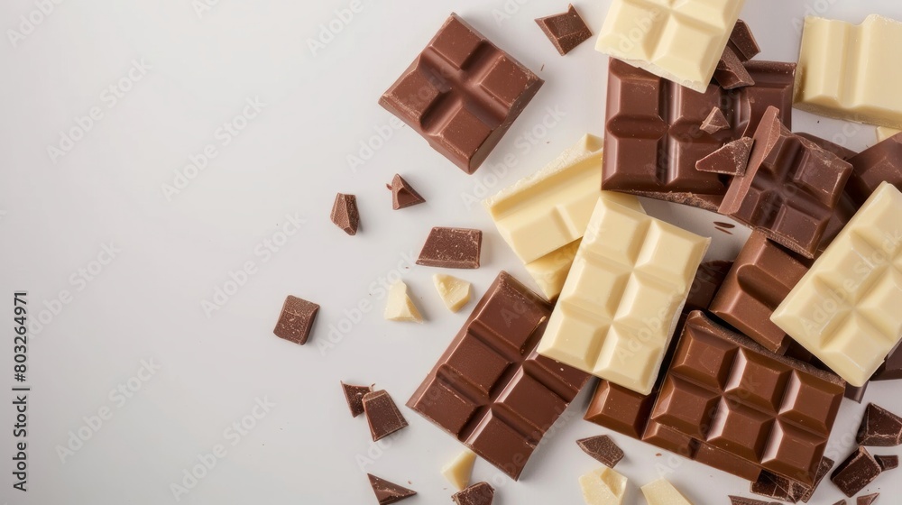 White and milk chocolate isolated. Top view of various chocolate bars, copy space White and milk chocolate isolated. Top view of various chocolate bars, copy space