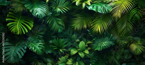 Exotic tropical forest with lush palm leaves and trees in wild jungle  ideal for panoramic wallpaper