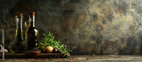 Traditional style still life featuring olive oil and seasoning food, with space for text. photo