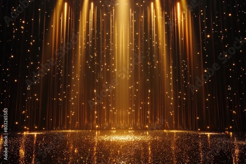 A stage with golden lights on a black background. Perfect for concert or performance concepts