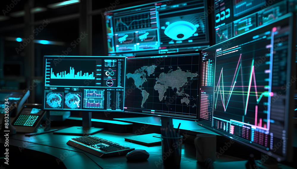 Fototapeta premium Advanced Trading Desk with Multiple Computer Monitors Displaying Financial Data
