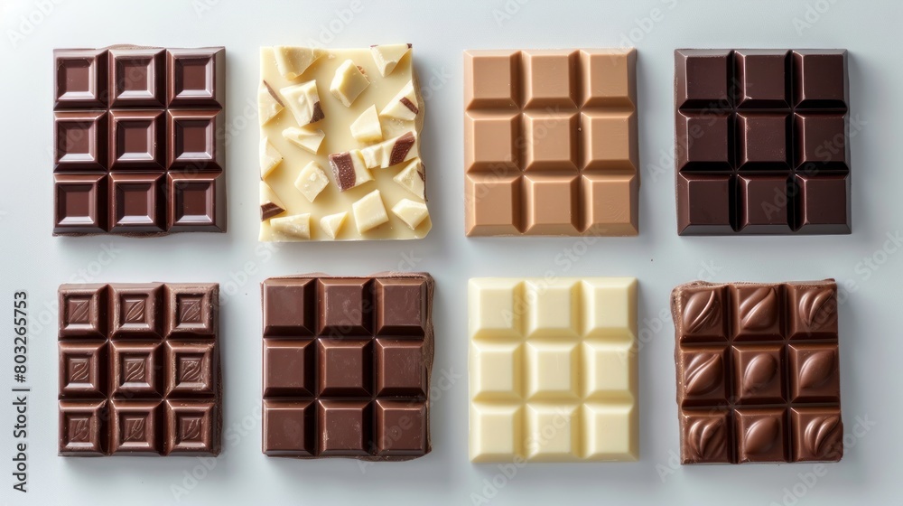 White and milk chocolate isolated. Top view of various chocolate bars, copy space White and milk chocolate isolated. Top view of various chocolate bars, copy space