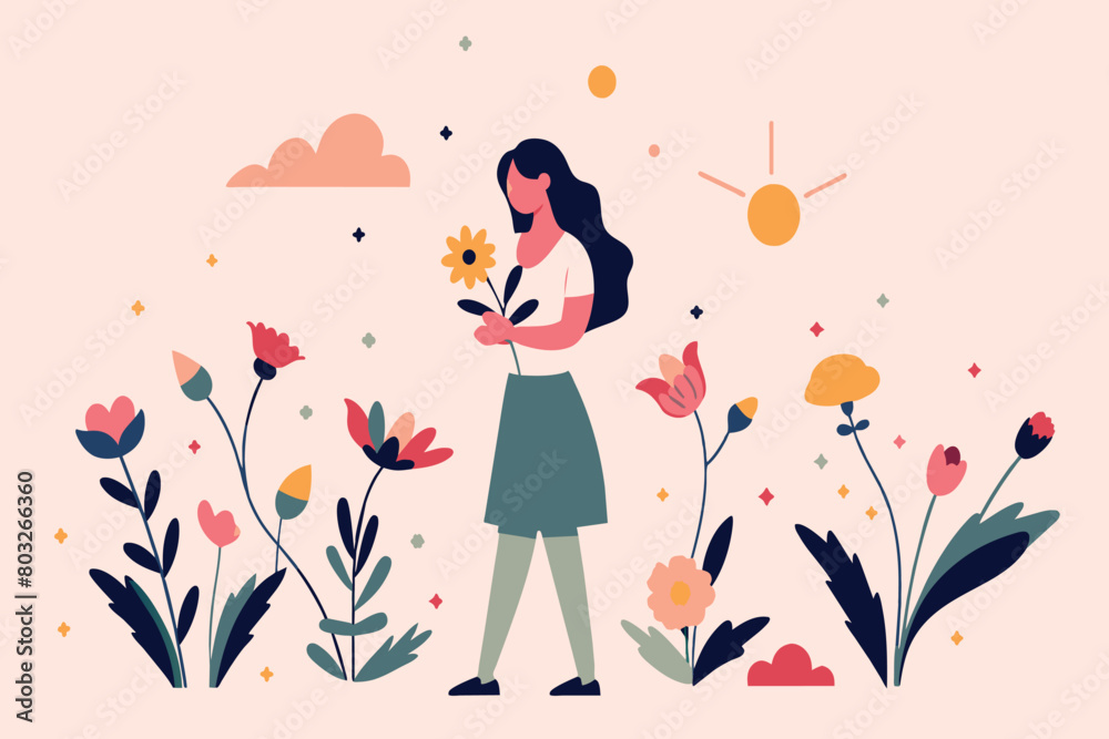 A tranquil scene of a woman admiring a flower amongst vibrant flora