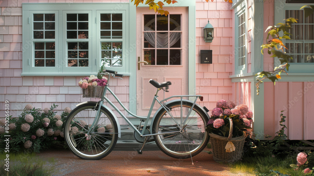 Dusty pink Cape Cod style vacation home, with a vintage-style bicycle parked at the front and a basket full of fresh flowers.