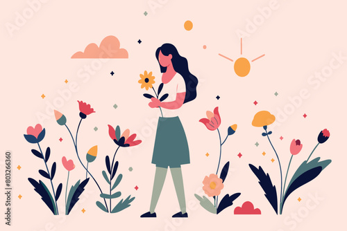 A tranquil scene of a woman admiring a flower amongst vibrant flora