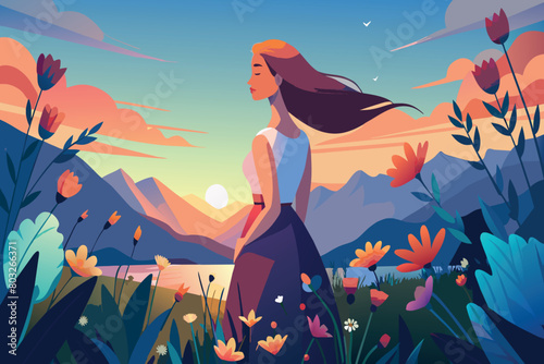 A woman enjoys the beauty of a floral mountain landscape at sunset