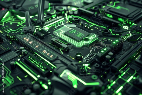 A detailed view of a computer motherboard illuminated by green lights, showcasing the intricate components and circuitry