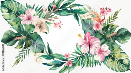 Colorful wreath of tropical leaves and flowers on white background. Perfect for summer designs #803266711