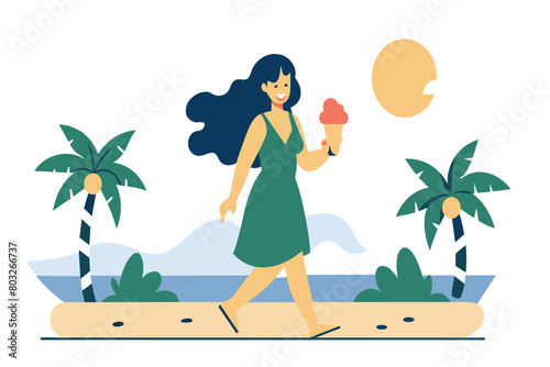 A cheerful woman strolls with ice cream by the sea