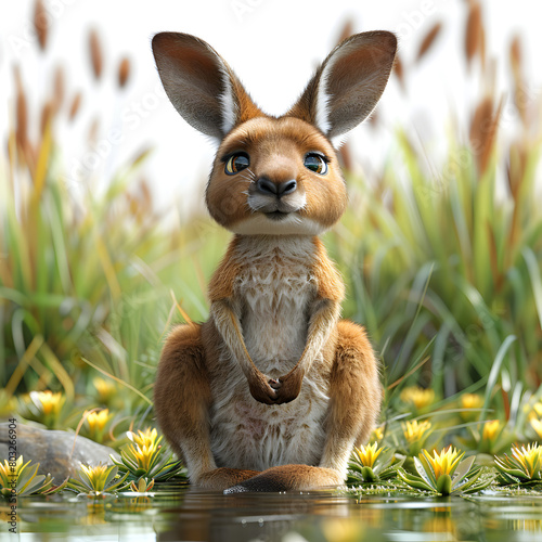 A 3D animated cartoon render of a curious kangaroo leading lost travelers to a watering hole.