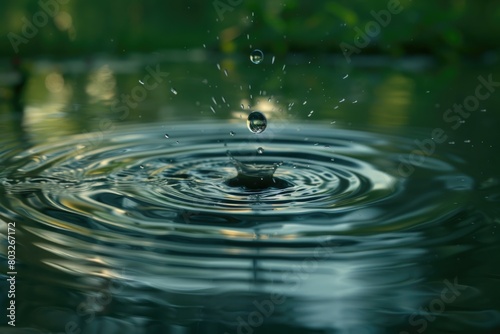 A single drop of water splashing into a body of water. Suitable for nature and science concepts