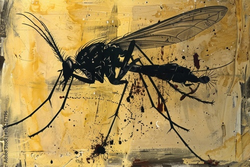Detailed painting of a mosquito on a vibrant yellow background. Ideal for educational materials or pest control ads